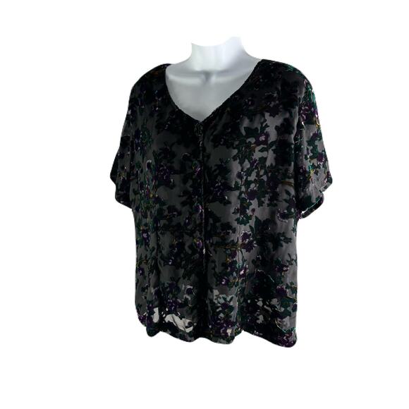 Burnout Velvet Vintage 90s Short Sleeve Button Front Blouse - Picture 3 of 10